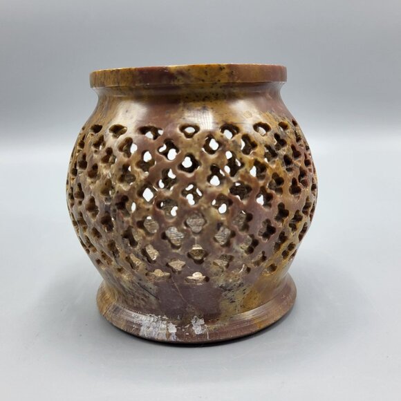 Vintage Decorative Brown Soapstone Stone Carved Candle Holder - Picture 3 of 9